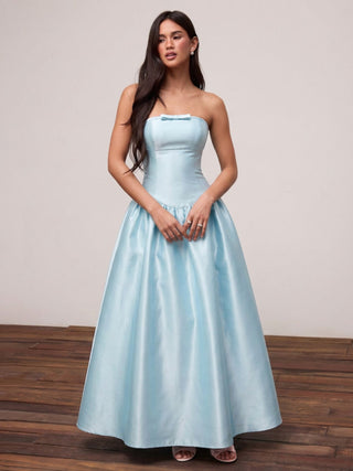 Satin Satin Sculptural High Rise Strapless Bowknot Flared Maxi Dress For Party/Clubbing Wedding