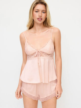 Satin V-neck Lace Trim Cami Top & Mid Rise Lace Hem Shorts Loungewear Set
