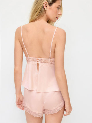 Satin V-neck Lace Trim Cami Top & Mid Rise Lace Hem Shorts Loungewear Set