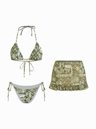Halter Neckline Paisley Triangle Bikini Set With Ruffle Cover Up Skirt