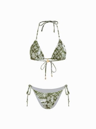Halter Neckline Paisley Triangle Bikini Set With Ruffle Cover Up Skirt