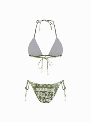 Halter Neckline Paisley Triangle Bikini Set With Ruffle Cover Up Skirt