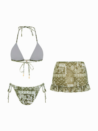 Halter Neckline Paisley Triangle Bikini Set With Ruffle Cover Up Skirt