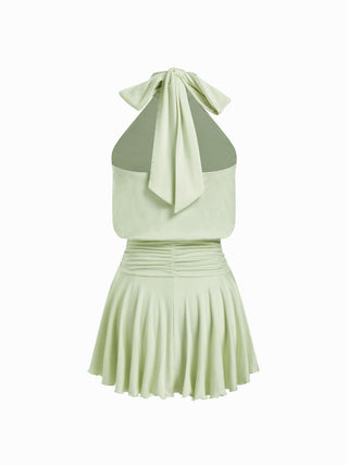 Stand Collar Sleeveless A-Line Mini Dress with Scarf