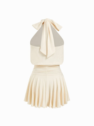 Stand Collar Sleeveless A-Line Mini Dress with Scarf