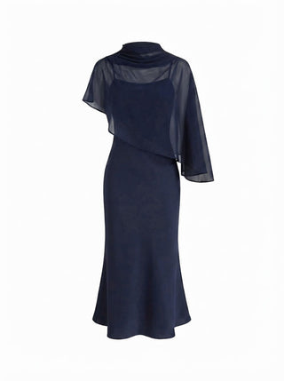 Satin High Neck Cape Sleeve Maxi Dress