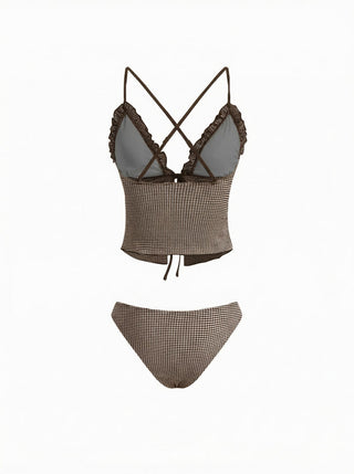 V-neck Gingham Bowknot Lettuce Trim Tankini Bikini Set