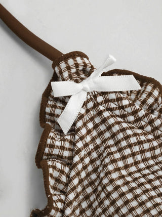 V-neck Gingham Bowknot Lettuce Trim Tankini Bikini Set