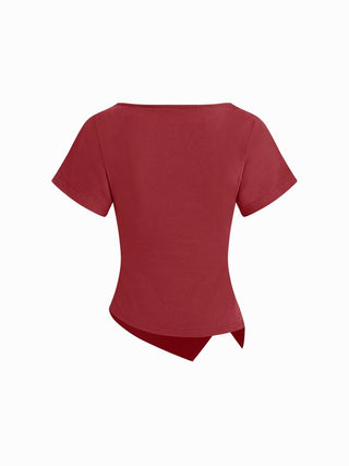 Cotton-blend Boat Neck Ruched Asymmetrical Hem Tee