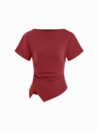 Cotton-blend Boat Neck Ruched Asymmetrical Hem Tee