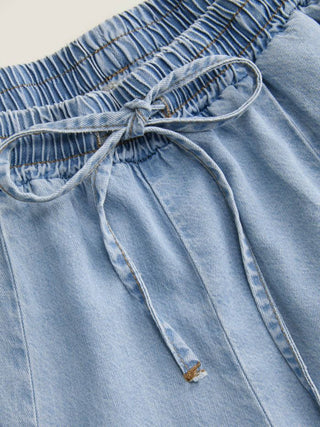 Denim Mid Rise Drawstring Ruched Wide Leg Jeans