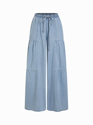 Denim Mid Rise Drawstring Ruched Wide Leg Jeans