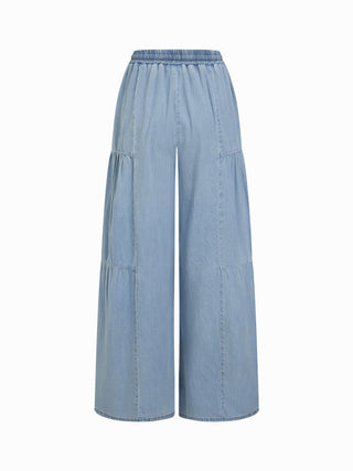Denim Mid Rise Drawstring Ruched Wide Leg Jeans