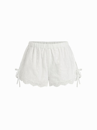 Cotton Low Rise Embroidery Tie Side Split Pointed Hem Oversized Shorts