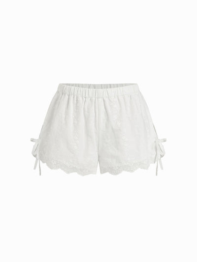 Cotton Low Rise Embroidery Tie Side Split Pointed Hem Oversized Shorts