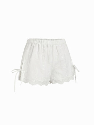 Cotton Low Rise Embroidery Tie Side Split Pointed Hem Oversized Shorts