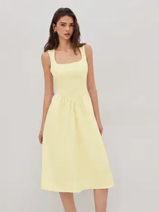Wedding Wedding Guest Dress wedding guest wedding special occasion dresses Woven Linen-blend Square Neck Ruffle Midi Dress For Vacation