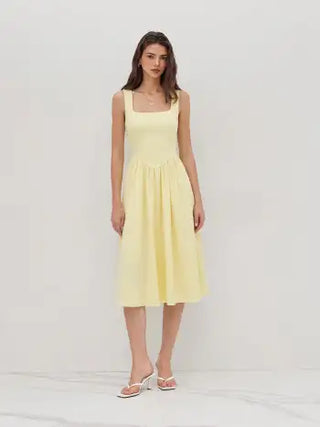 Wedding Wedding Guest Dress wedding guest wedding special occasion dresses Woven Linen-blend Square Neck Ruffle Midi Dress For Vacation