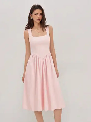 Wedding Wedding Guest Dress wedding guest wedding special occasion dresses Woven Linen-blend Square Neck Ruffle Midi Dress For Vacation