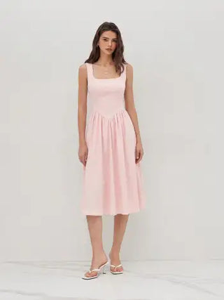 Wedding Wedding Guest Dress wedding guest wedding special occasion dresses Woven Linen-blend Square Neck Ruffle Midi Dress For Vacation