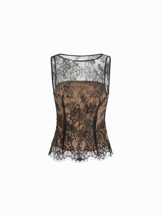 Lace Floral Boat Neck Ruched Color-block Tank Top
