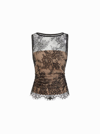 Lace Floral Boat Neck Ruched Color-block Tank Top