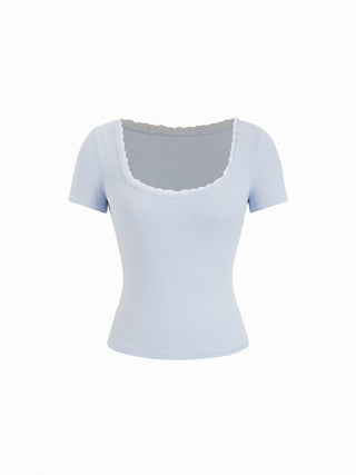 Textured Scoop Neck Lace Trim Short Sleeve Crop Tee