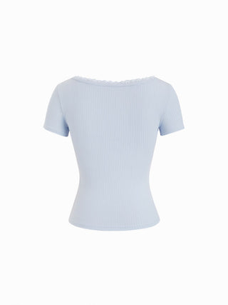 Textured Scoop Neck Lace Trim Short Sleeve Crop Tee