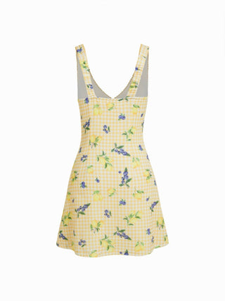 Fruit Gingham V-neck Bowknot A-line Mini Dress