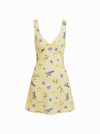 Fruit Gingham V-neck Bowknot A-line Mini Dress