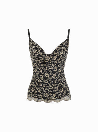 Lace Cowl Neck Ruffled Backless Cami Top With Chain