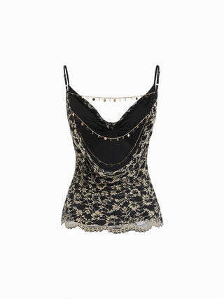Lace Cowl Neck Ruffled Backless Cami Top With Chain