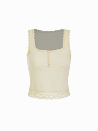 Knit Fabric Cotton-blend Square Neck Lace Trim Tank Top For Daily Casual