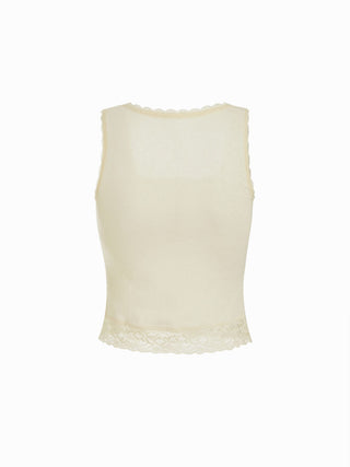 Knit Fabric Cotton-blend Square Neck Lace Trim Tank Top For Daily Casual