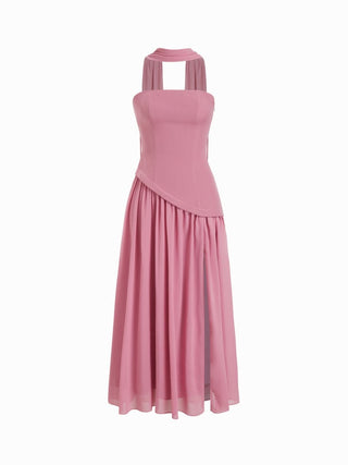 Chiffon Sculptural Halter Neckline Lace Up Maxi Bobycon Dress With Scarf