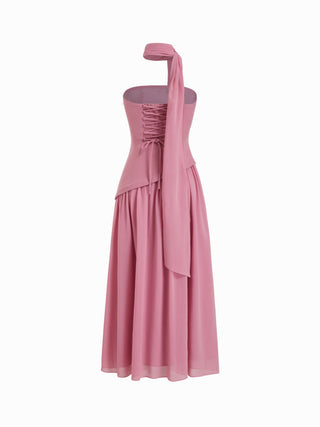 Chiffon Sculptural Halter Neckline Lace Up Maxi Bobycon Dress With Scarf