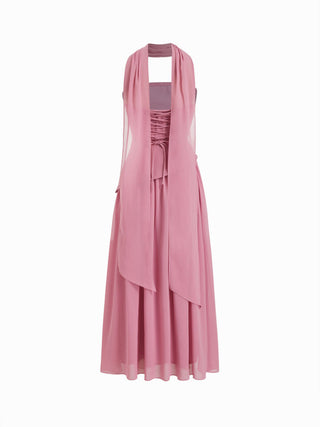 Chiffon Sculptural Halter Neckline Lace Up Maxi Bobycon Dress With Scarf