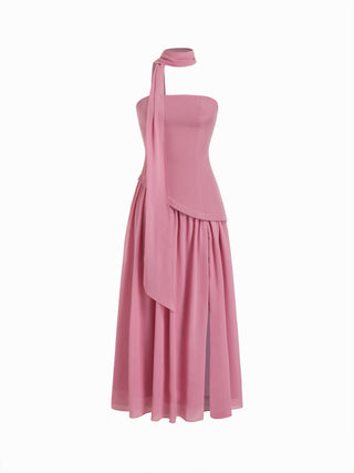Chiffon Sculptural Halter Neckline Lace Up Maxi Bobycon Dress With Scarf