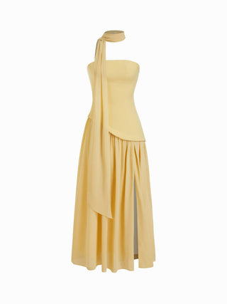 Chiffon Sculptural Halter Neckline Lace Up Maxi Bobycon Dress With Scarf