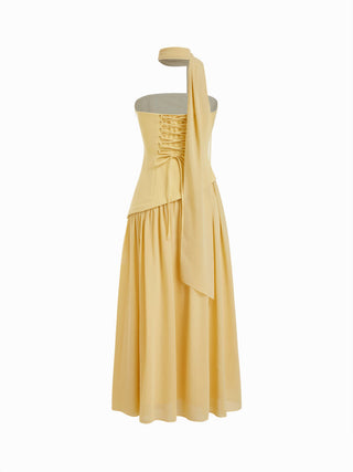 Chiffon Sculptural Halter Neckline Lace Up Maxi Bobycon Dress With Scarf
