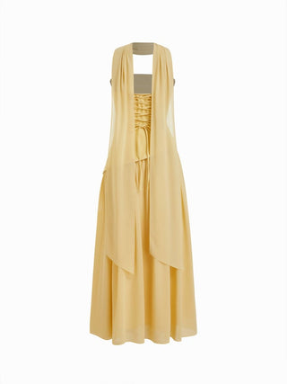 Chiffon Sculptural Halter Neckline Lace Up Maxi Bobycon Dress With Scarf