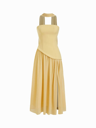 Chiffon Sculptural Halter Neckline Lace Up Maxi Bobycon Dress With Scarf