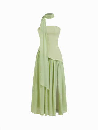 Chiffon Sculptural Halter Neckline Lace Up Maxi Bobycon Dress With Scarf