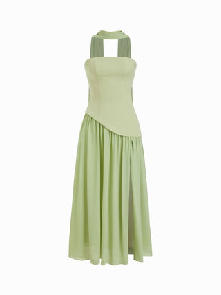 Chiffon Sculptural Halter Neckline Lace Up Maxi Bobycon Dress With Scarf