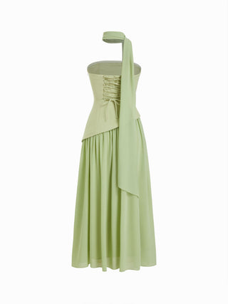 Chiffon Sculptural Halter Neckline Lace Up Maxi Bobycon Dress With Scarf
