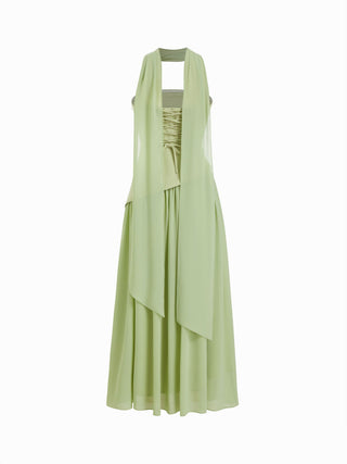 Chiffon Sculptural Halter Neckline Lace Up Maxi Bobycon Dress With Scarf