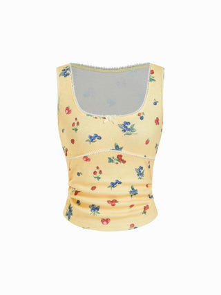 Fruit Graphic Square Neck Ruched Tank Top