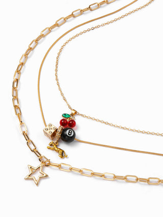 CHERRY & BILLIARD BALL PENDANT LAYERED NECKLACE For Music Festival/Live House Party/Clubbing