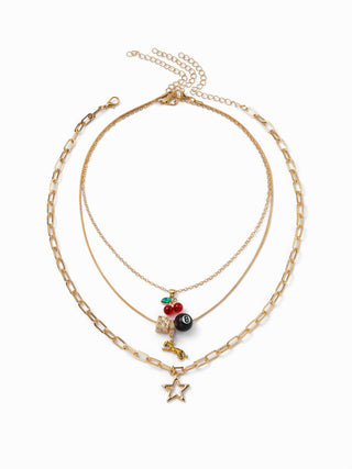 CHERRY & BILLIARD BALL PENDANT LAYERED NECKLACE For Music Festival/Live House Party/Clubbing