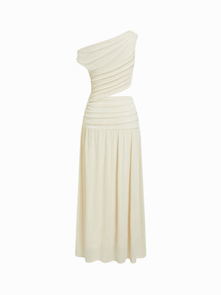 Asymmetrical Neck Ruched Waist Cutout High Stretch Bodycon Maxi Dress
